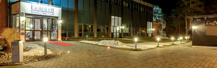 Entrance to the hotel by night
