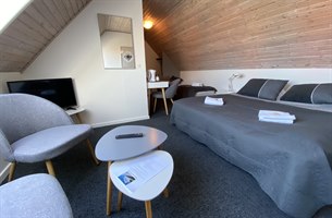 Triple Rom med grå møbler. Bilde.