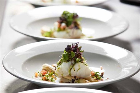 Deilig fiskerett Kysthotellet restaurant. Bilde.